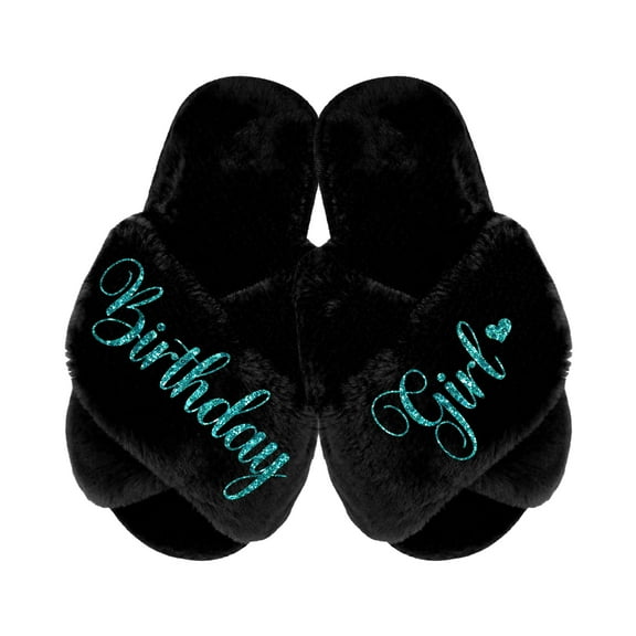 Birthday Girl and Birthday Squad Slippers - Fluffy Criss Cross Slippers for Girls - Ages 3 to 10 years - Gifts for Girls, Black Small (US 6-7), Birthday Girl with Turquoise Glitter
