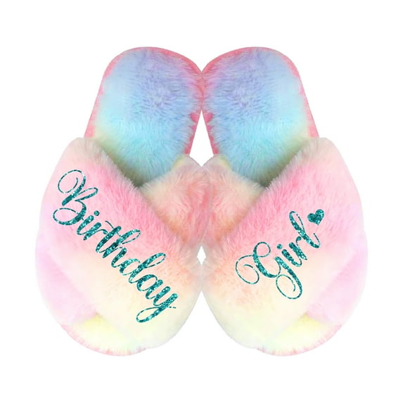 Birthday Girl and Birthday Squad Slippers - Fluffy Criss Cross Slippers for Girls - Ages 3 to 10 years - Gifts for Girls, Multi-Color Small (US 6-7), Birthday Girl with Turquoise Glitter