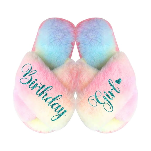 Birthday Girl and Birthday Squad Slippers - Fluffy Criss Cross Slippers for Girls - Ages 3 to 10 years - Gifts for Girls, Multi-Color X-Small (US 4-5), Birthday Girl with Turquoise Glitter
