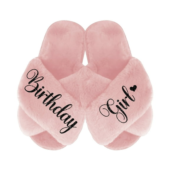 Birthday Girl and Birthday Squad Slippers - Fluffy Criss Cross Slippers for Girls - Ages 3 to 10 years - Gifts for Girls, Pink Small (US 6-7), Birthday Girl with Black Glitter