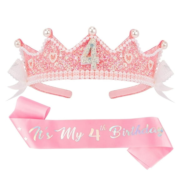 Birthday Girl Crown and Sash, 4th Birthday Girl Headband Princess Pink Crown 4 Year Old Girl Birthday Gifts Outfit Birthday Decorations,Suitable for Party Favors Decorations