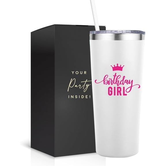 Birthday Girl Insulated Wine Tumbler - White Stainless Steel Cup for Womens Celebrations - Birthday Tumbler For Women (22 oz)