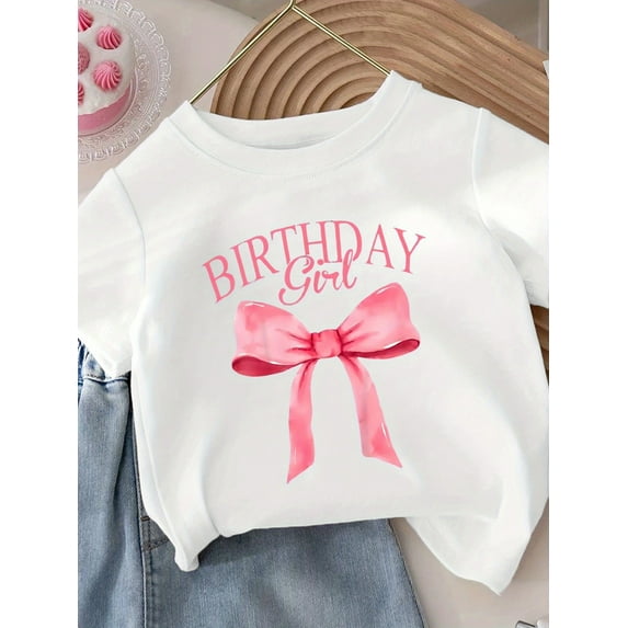 Birthday Girl" Pink Bow Print Cotton Tee for Girls - Soft & Comfortable Round Neck Short Sleeve Casual Top, Perfect for Summer Celebrations, Girls Shirts, Casual Sporty Tee, Summer Gifts