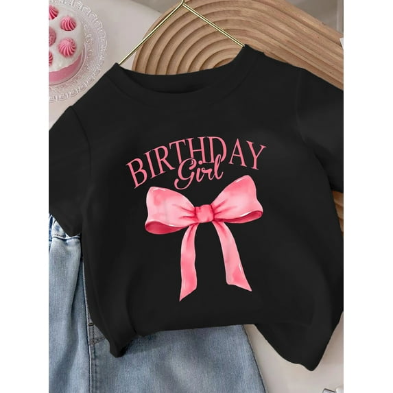 Birthday Girl" Pink Bow Print Cotton Tee for Girls - Soft & Comfortable Round Neck Short Sleeve Casual Top, Perfect for Summer Celebrations, Girls Shirts, Casual Sporty Tee, Summer Gifts