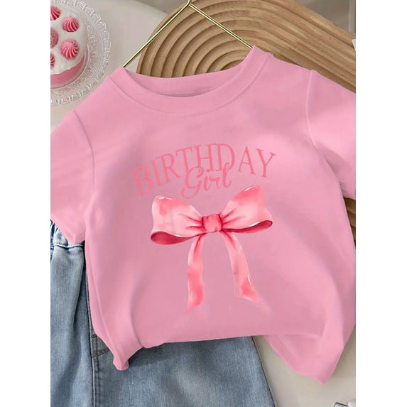 Birthday Girl" Pink Bow Print Cotton Tee for Girls - Soft & Comfortable Round Neck Short Sleeve Casual Top, Perfect for Summer Celebrations, Girls Shirts