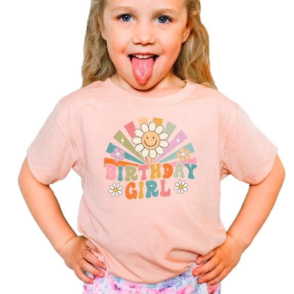Birthday Girl Rainbow Sunbeam T-Shirt Girls Bday Retro Groovy Flower Tee Peach Shirt 12 Months