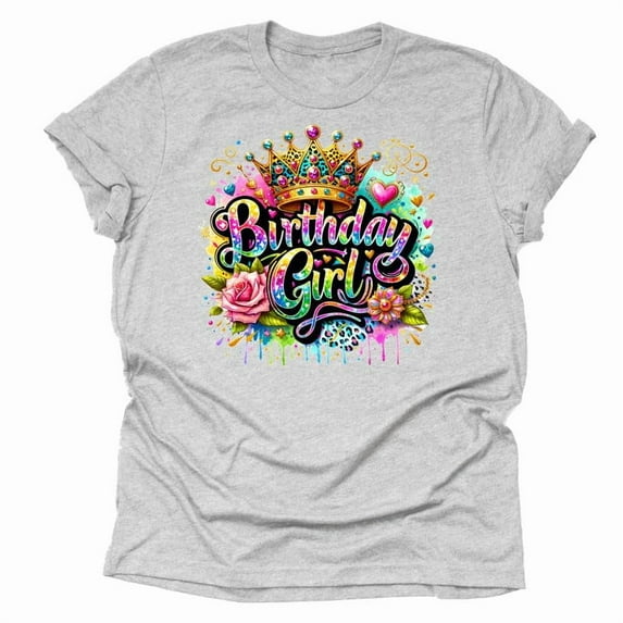 Birthday Girl Shirt, Bright Colorful Floral Unisex Casual Short Sleeve (Gray-2X Large)