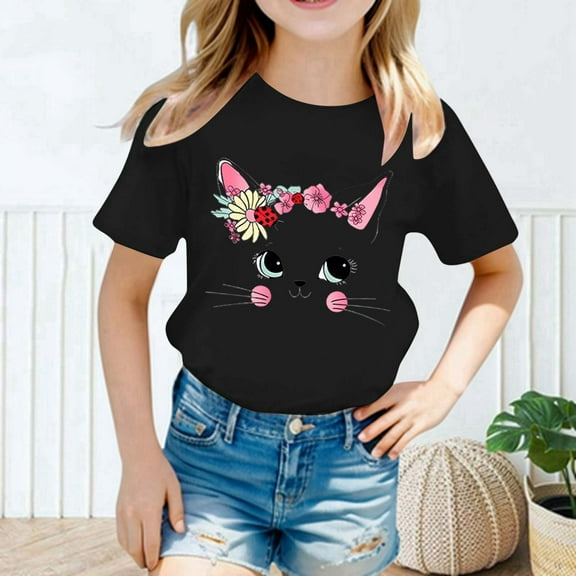 Birthday Girl Shirt Size 4-6 Years Kid Girls Cute Cat Fashion Printed Round Neck Short Sleeve Tee Summer Casual Loose Soft T Shirt Tops