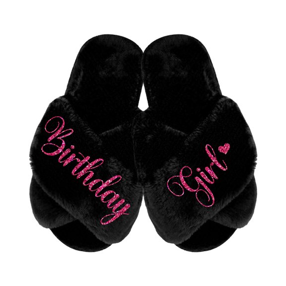 Birthday Girl and Birthday Squad Slippers - Fluffy Criss Cross Slippers for Girls - Ages 3 to 10 years - Gifts for Girls, Black Small (US 6-7), Birthday Girl with Fuchsia Glitter