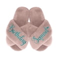 thumbnail image 1 of Birthday Girl and Birthday Squad Slippers - Fluffy Criss Cross Slippers for Girls - Ages 3 to 10 years - Gifts for Girls, Dusty Rose X-Small (US 4-5), Birthday Squad with Turquoise Glitter, 1 of 6