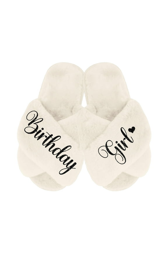 Birthday Girl and Birthday Squad Slippers - Fluffy Criss Cross Slippers for Girls - Ages 3 to 10 years - Gifts for Girls, Ivory 10.5-11C (3-4Yrs), Birthday Girl with Black Glitter