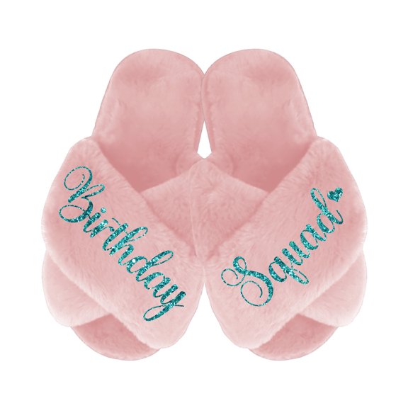 Birthday Girl and Birthday Squad Slippers - Fluffy Criss Cross Slippers for Girls - Ages 3 to 10 years - Gifts for Girls, Pink 1-1.5Y (8-9 Yrs), Birthday Squad with Turquoise Glitter