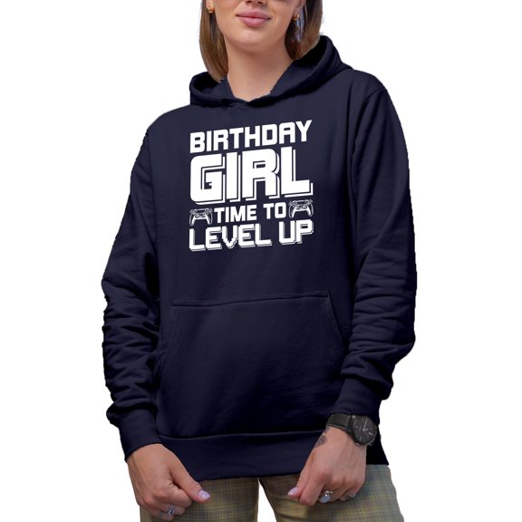 Birthday Girl Time to Level Up - Video Gamer's B-day, Navy Blue Hooded Sweatshirt or Hoodie, Small