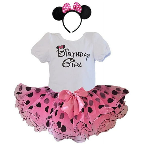 Birthday Girl Tshirt Polka Dot Tutu and Headband 3 Pcs Outfit, Age 4 Pink Black Large 4T