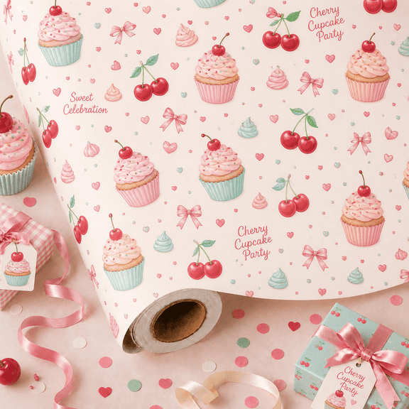 Birthday Girl Wrapping Paper Cherry Cupcake Party Gift Wrap for Birthday Celebrations