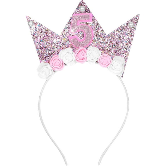 Birthday Glitter Crown Headband For Toddlers Girls, 4th Birthday Baby Flower Crown Princess Crown Birthday Party Decorations For Girls