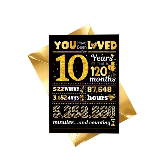Birthday Greeting Card Black Gold Glitter 10th Birthday Single Pack 5.8 by 8.3 Inch Anniversary Celebration Card for Milestone 10 Year Birthday Party Gift for Son Daughter Friend Family