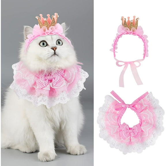 Birthday Hat Scarf Set for Pet Puppy Cat, Cute Lace Bandana Bib Scarf Crown Hat Princess Costume for Cats Small Dogs,Pink Outfit for Birthday Party