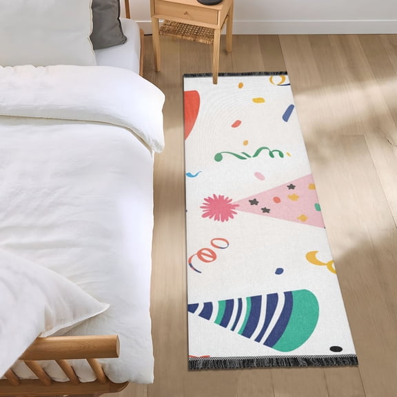 Birthday Hats Colored Ribbons Bedside Runner Rug 2'x 6' Non Slip Carpet Floor Mat Area Rug