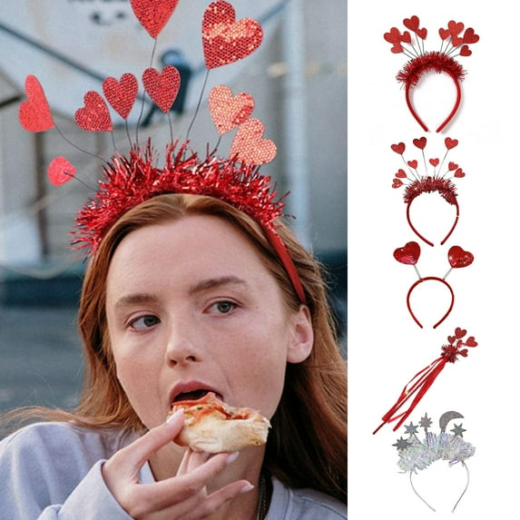 Birthday Headpiece, Girl Headband Sequins Red Elastic Spring Party Props Confetti Heart Decor for Valentines Day