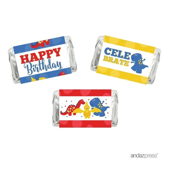 Birthday Hershey's Miniatures Chocolates Party Favor Labels Stickers, Red Blue and Yellow Dinosaur Party, 36-Pack