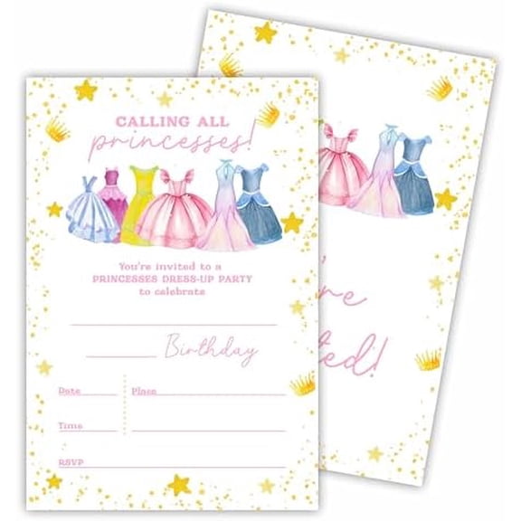 Birthday Invitation Cards 4"x6" - Calling All Princesses - Set Of 20 Birthday Invitations With Envelopes - Princess Dress Invites For Girls Teens Kids - Party Supplies - A10
