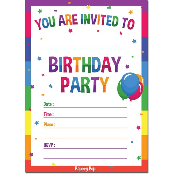 Birthday Invitations with Envelopes (15 Pack) - Rainbow