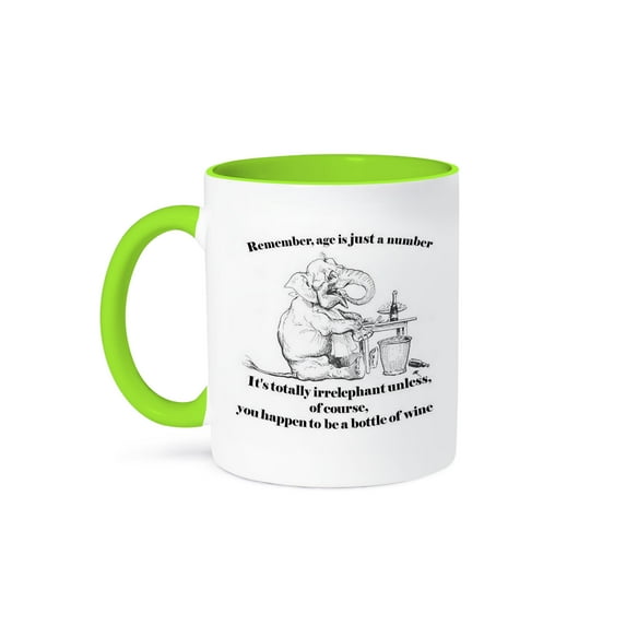 3dRose, Birthday- irrelephant, elephant, cute, wine, age, birthday, greeting, birthday card, funny birthday, 11oz Two-Tone Green Mug