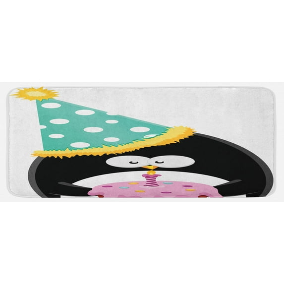 Birthday Kitchen Mat, Funny Peinguin with Party Hat and Cake Cartoon Style Happiness, Plush Decorative Kitchen Mat with Non Slip Backing, 47" X 19", Multicolor, by Ambesonne