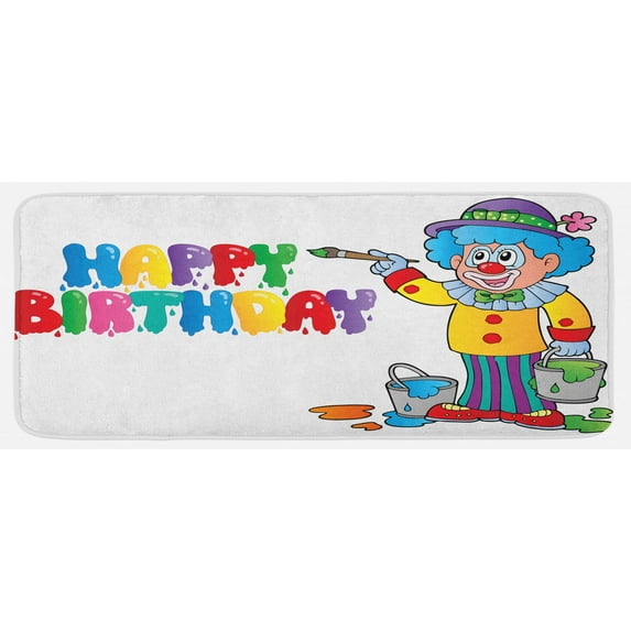 Birthday Kitchen Mat, Happy Clown for Party with Colorful Painting Drawing Style Buckets in Print, Plush Decorative Kitchen Mat with Non Slip Backing, 47" X 19", Multicolor, by Ambesonne