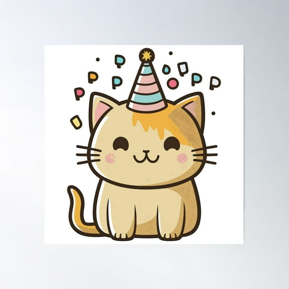 Birthday Kitten - Japanese Style Cat Art Print Poster Wall Art, Modern Wall Decor For Living Room Bedroom, 24x24 UNFRAMED