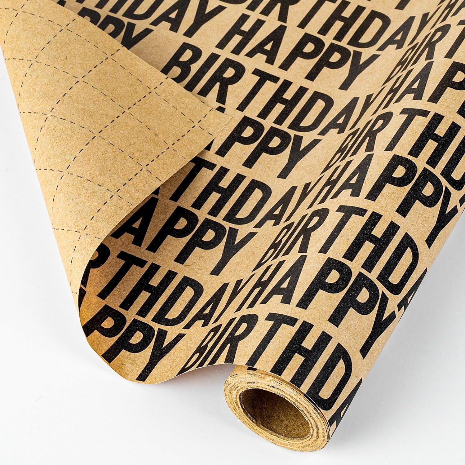 Birthday Kraft Wrapping Paper Roll, Mens Gift Wrapping Paper - 17 Inch x 33 Feet - Vintage Style Brown Black Happy Birthday Gift Wrap Thick Present Sheet for Holiday, Party, Father's Day