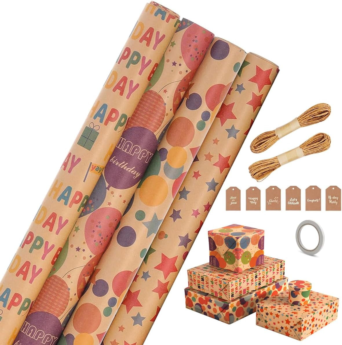 Birthday Kraft Wrapping Paper Vintage Style Paper Perfect for Men Women Brown Kraft Paper with Colorful Text Pattern for Birthday Holiday Wrap - 4 Rolls 17 inch X 120 inch (10feet) Per Roll