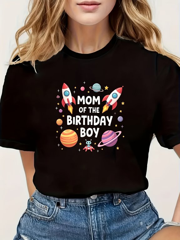 Birthday Mom Rocket Planet Print Short Sleeve Tee Crew Neck Casual Top