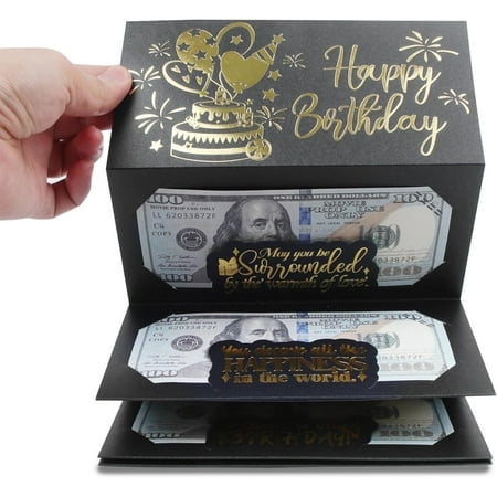 Birthday Money Envelope for Cash Gifts, Surprise Cash Envelope for Men Women Kids, Birthday Gift Card for Men Women Girls Boys, Black Gold Money Holder