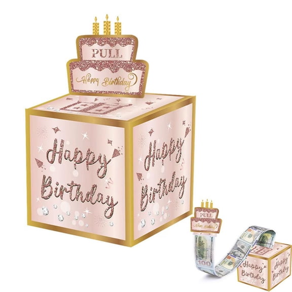 Birthday Money Pulling Box Interactive Surprise Gift Box with Cake Topper, 50 Clear Money Bags, Pink & Gold Design for Party Celebrations