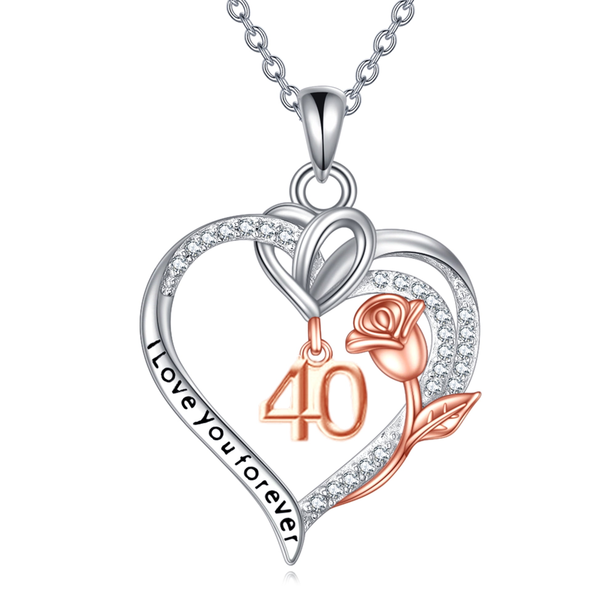 Birthday Necklace Sterling Silver 40th Birthday Pendant Necklace Heart Rose Flower Birthday Jewelry for Women Mothers Day Christmas Gifts