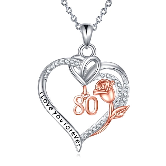 Birthday Necklace Sterling Silver 80th Birthday Pendant Necklace Heart Rose Flower Birthday Jewelry for Women Mothers Day Christmas Gifts