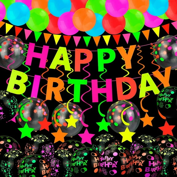 Birthday Neon Party Decorations Set with Happy Birthday Balloons Glow In The Dark Banner, Hanging Swirls