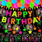 Birthday Neon Party Decorations Set with Happy Birthday Balloons Glow In The Dark Banner, Hanging Swirls