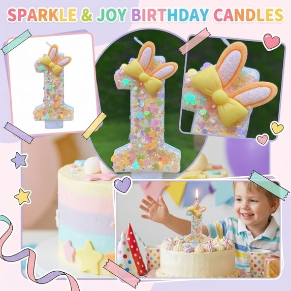 Birthday Number Candle, Cartoon Bunny Glitter, 1 Piece, for Kids First Birthday Party Cake Decoration