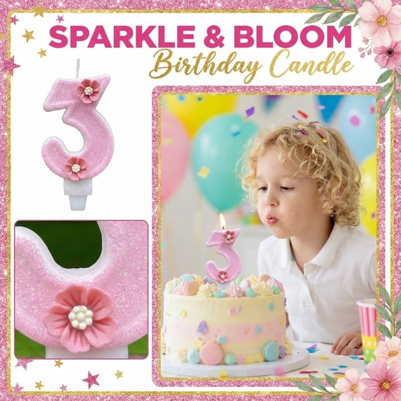 Birthday Number Candle, Glitter Floral Cartoon, 1 Piece, Suitable for Kids 3rd Birthday Party Cake Decoration