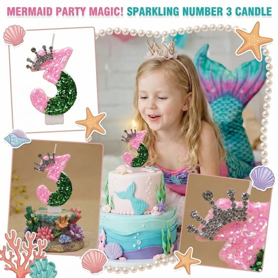 Birthday Number Candle, Glitter Mermaid Themed, 1 Piece,Suitable for Kids Birthday Party Cake Decoration