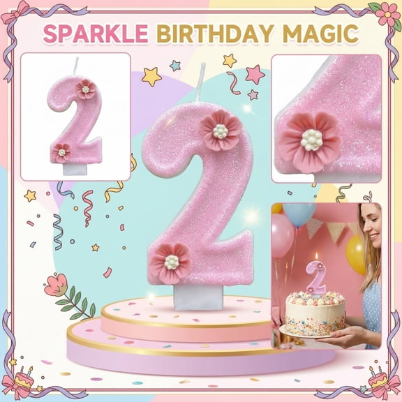 Birthday Number Candle, Glitter Pink Flower Decorated, 1 Piece,Suitable for Kids Cartoon Birthday Party Cake Decoration