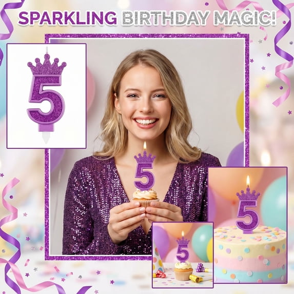 Birthday Number Candle, Glitter Purple Crown Design, 1 Piece, for Birthday Party Cake Decoration