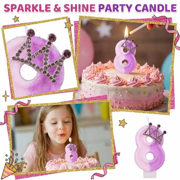 Birthday Number Candle, Glittery Crown Cartoon, 1 Piece, for Birthday Party Cake Decoration
