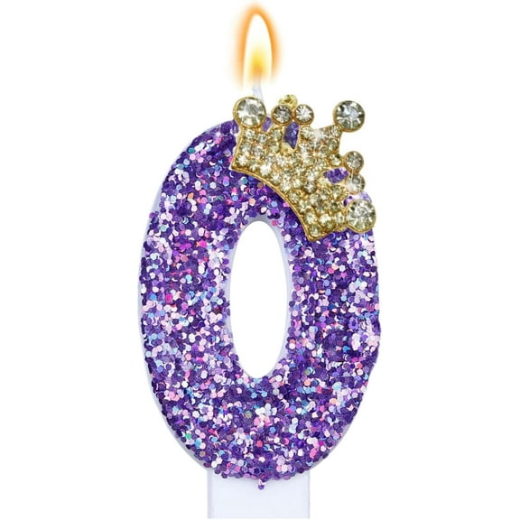 Birthday Number Candles, Purple Number Golden Crown Birthday Candles for Cake, Glitter Number 0-9 Candle Cake Topper with Sequins for Birthday Party Decorations