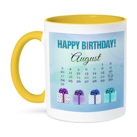 3dRose, Birthday on August 23rd, Glitter Look Happy Birthday and Colorful Presents, 15oz Two-Tone Yellow Mug