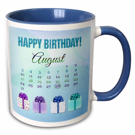 3drose, Birthday on August 28th, Glitter Look Happy Birthday and Colorful Presents, 11oz Two-tone Blue Mug