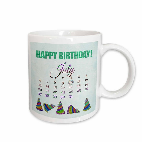 3drose, Birthday on July 10th, Glitter Look Happy Birthday and Colorful Hats, 11oz Mug